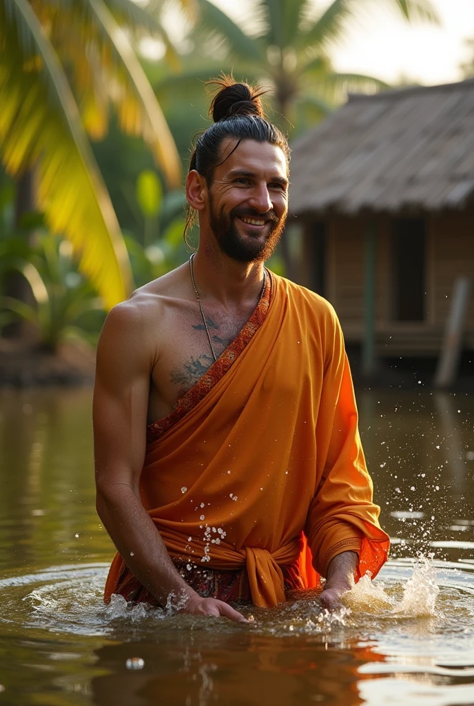 A muscular young Vietnamese monk, Detailed bald head, Tow truck, shirtless กอดจูบ หนุ่มร่างthin เปลือย shirtlessคลุม, Buddhism, quiet, Detailed dark brown robe, Take the whole body, Walking posture :: Manly, Look at the camera, (Make eye contact), Manliness posture, Manly deportment, Virtue, masculinity, Manliness, very detailed facial parts, very detailed neck, Manly, Waterfall background, happy expression, professional photos, soft focus, (8ก, raw photos, best quality, Masterpiece:1.2), very detailed, Ultra high resolution, perfect anatomy, ส่วนของร่างกายที่very detailed, Very symmetrical body, Asia, 1, shirtless :: Highly detailed, detailed face, Detailed eyes, Proportionate eyes, very detailed mouth, Leaky abdomen :: very detailed, thin, small waist, realistic, human skin, นิ้วที่very detailed, handsome chad chin, shirtless, I'm a man., human skin, handsome, charming, Highly detailed RAW color photo, depth of field, Front photo, perfect composition, very detailed hands, very detailed fingers