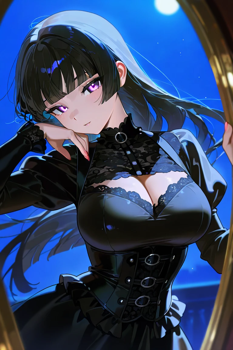 ((Best quality, 8k)), 19 year old female, darkness angel, 1 girl, perfect body, perfect hair, perfect face, pretty, serious, kinda cute, ultra detailed, body, lips, and skin texture, double eyelid, waist long hair, pure black hair, pure black eyes, fully clothed with skirt and boots, anime in real life, cinematic lighting