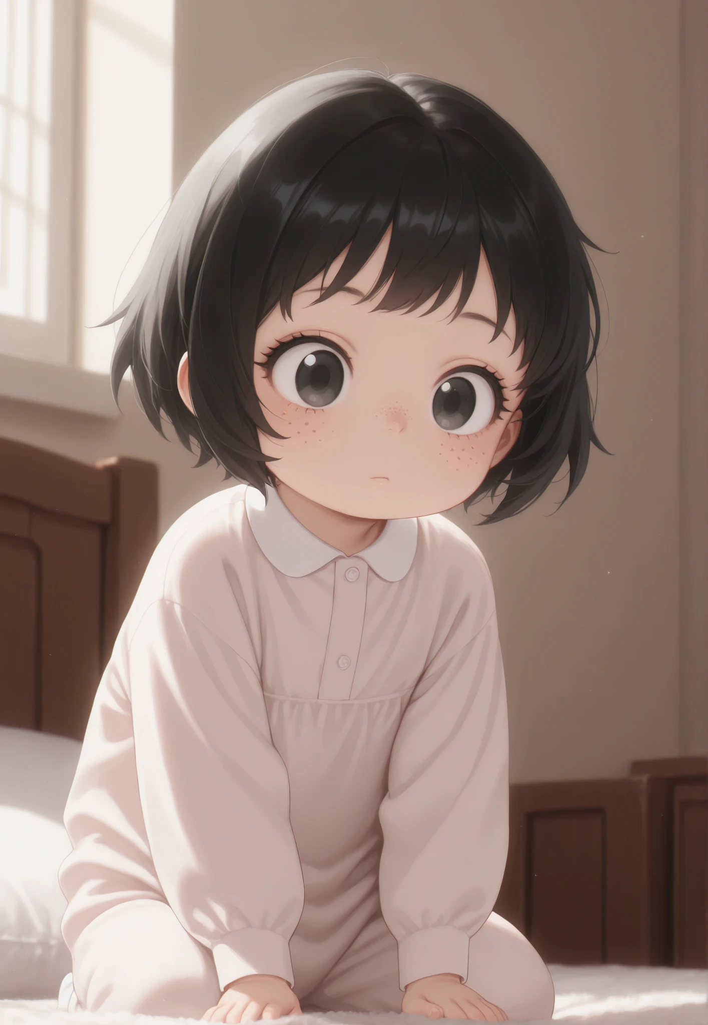 Masterpiece, better quality, newest, safe, good anatomy, good resolution, good lighting. beautiful, anime, . Little girl, black hair and SHORT hair. black eyes. black eyelashes, piel clara, freckles on cheeks. Adorable 6-8 month old baby. looking at the spectator, Alone, bottom: bedroom. Natural and safe poses. wearing clothes: Soft cotton rompers in pastel shades.