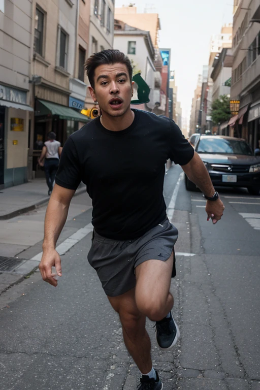 japanese man, running in a highway tunnel, passionate screaming, not wearing a shirt, sweatpants,