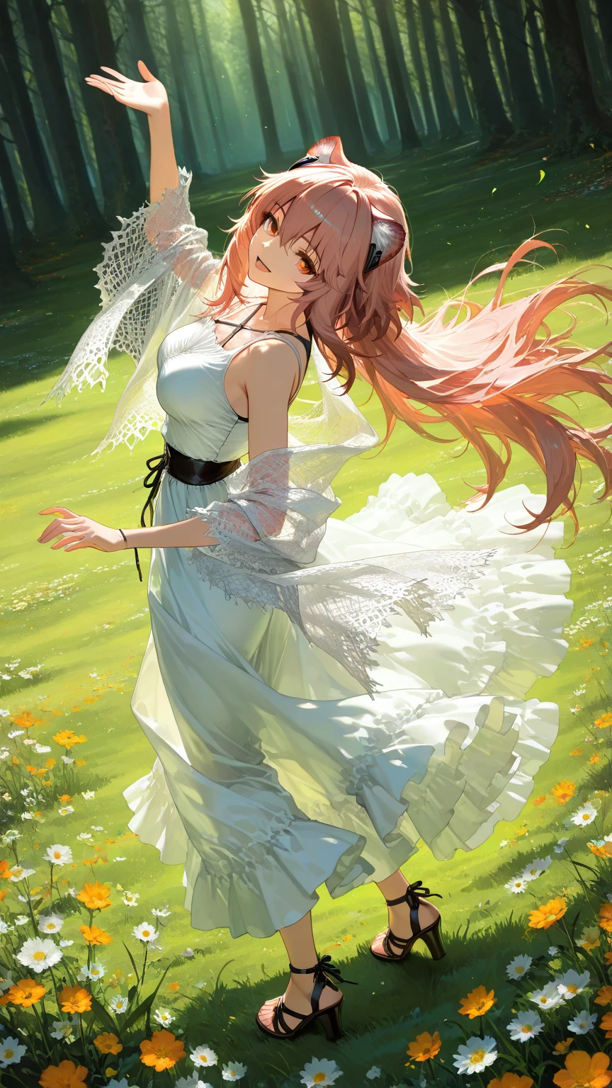  1girl, Gravel_Arknights , High-altitude grasslands covered with lush grasses and flowers , The wind is blowing under the summer sun , mesh shawl , Total lace tiered sleeveless casual blouse , Layered tiered casual long skirt made of chiffon fabric , Thick-soled sandals with thick heels and cross straps , slightly smile , looking at viewer , skirt flare in breeze , looking back , reaching , close eyes , open mouth , natural makeup ,  pose , 
break , 
( ambient occlusion:0.9 ) , masterpiece , best quality , ultra-detailed , high resolution , extremely detailed CG , unity 8k wallpaper , super detailed skin , perfect  , detailed beautiful face , detailed beautiful eyes , highres , chiaroscuro , highly detailed background , elaborately designed clothes , dramatic lighting  , full body , from side , dramatic angle , light particles , ARW ,  