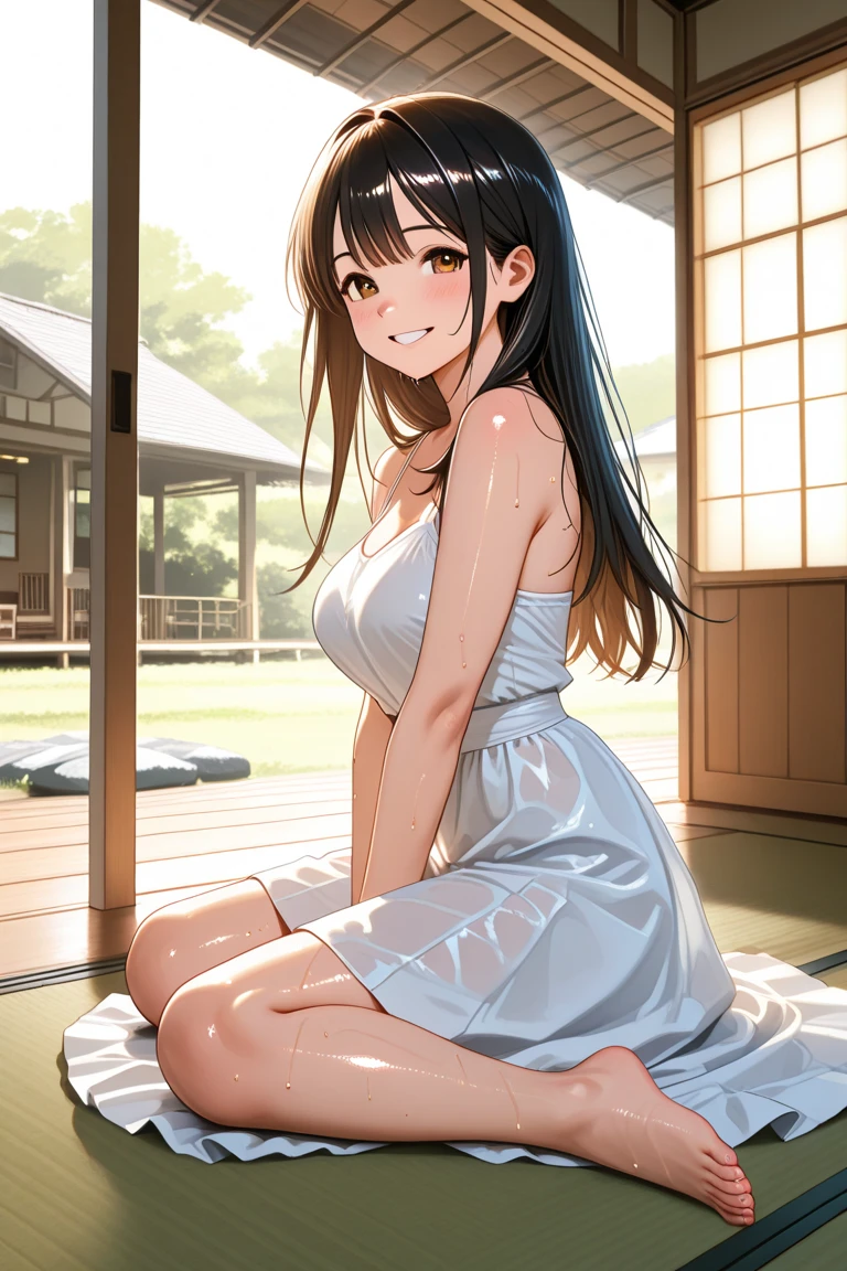 (masterpiece:2.0), (highest quality:2.0), (Leaning forward naked in a hot spring:1.5), (Extra short white tube top towel:1.5), (super sexy pose:1.5), (look up from below:1.5), (perfectly exposed shoulders:1.5), (perfectly exposed nape:1.5), (blushing face:1.5), (cover your crotch with your hands:1.5), (cover your chest with your hands:1.5), (spilling breasts:1.5), (realistic:1.5), 1 little girl, very cute girl, precision small hands, You look embarrassed when you look at me, light smile, innocent face, young face, clear eyes, shining eyes, small breasts, I can see the side boob, I can see your shoulders, I can see the cleavage, no pubic hair, dynamic posing, beautiful skin, Super fine, highest resolution, Japanese high school student, golden hair