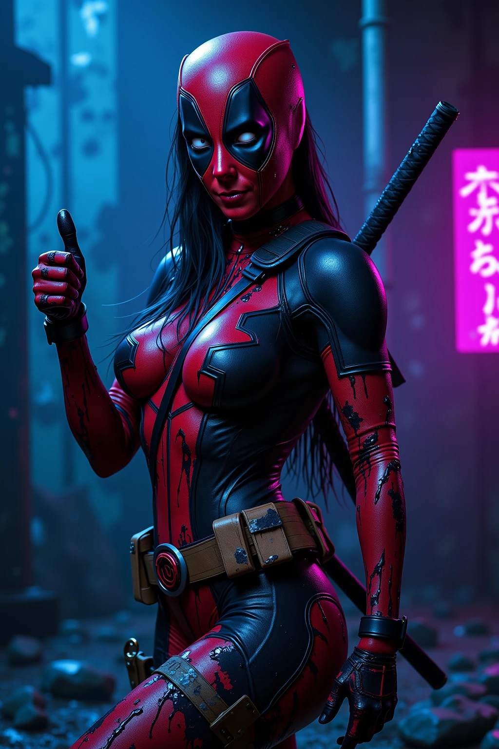 A female character inspired by Lady Deadpool stands confidently in a highly revealing, sexy, and diminutive costume. Her outfit is a striking combination of red and black, with minimal coverage, accentuating her curves and athletic physique. The character's pose is bold and playful, holding her iconic katanas while giving a mischievous smirk. The background is a gritty urban setting, adding a sense of danger and excitement to the scene, with neon signs and dim streetlights casting dramatic shadows.