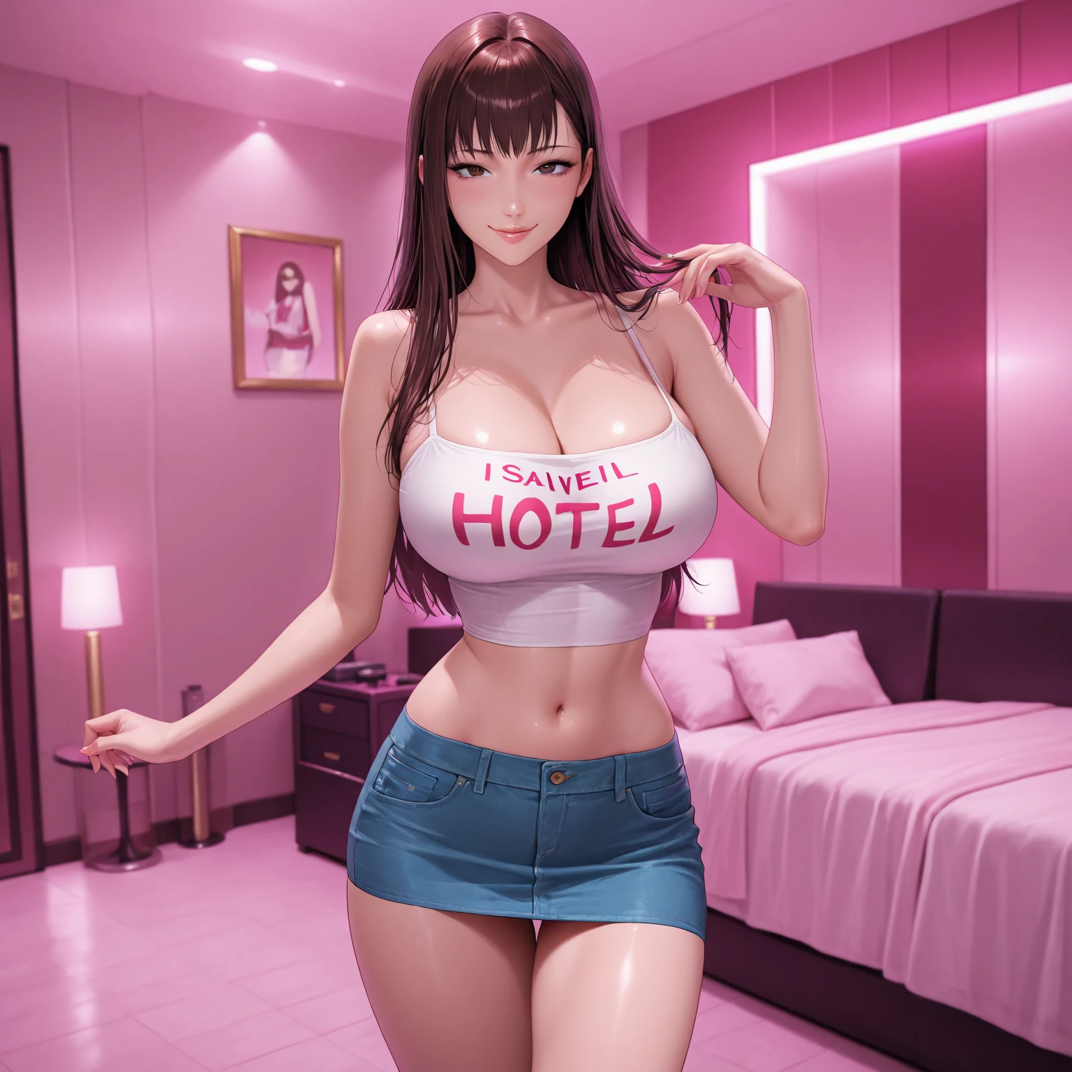 girl,Mercy,long brown hair,he tall,sexy,super big breast,(P cup),age 17,standing in livingroom,full body, mercy nurse and wings outfit,happy detailed face,playing cellphone and selfie
