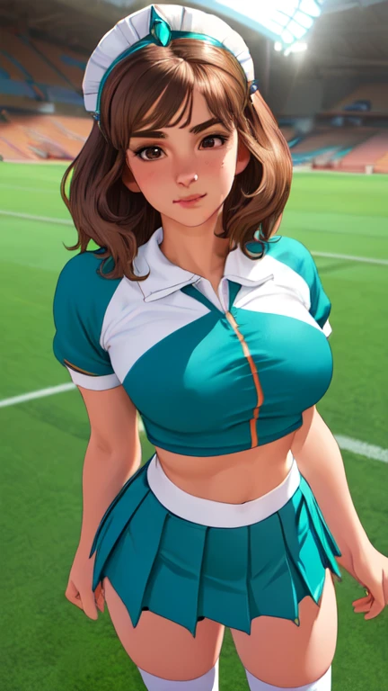 Maisie Williams, masterpiece quality, (masterpiece quality:1.3), high res, realistic, lots of detail, alone, 1girl, (1girl:1.9), solo, in a football stadium, stadium stands in background, on football field, short hair, (short hair:1.5), brunette, (brunette:1.9), wearing cheerleader uniform, wearing choker collar, wearing white crop top, (white crop top:1.5), wearing green plaid skirt, (miniskirt:1.5), bare legs, (bare legs:1.5), thin body, big breasts, (big breasts:1.3), lots of cleavage, smiling, (smiling face:1.5),