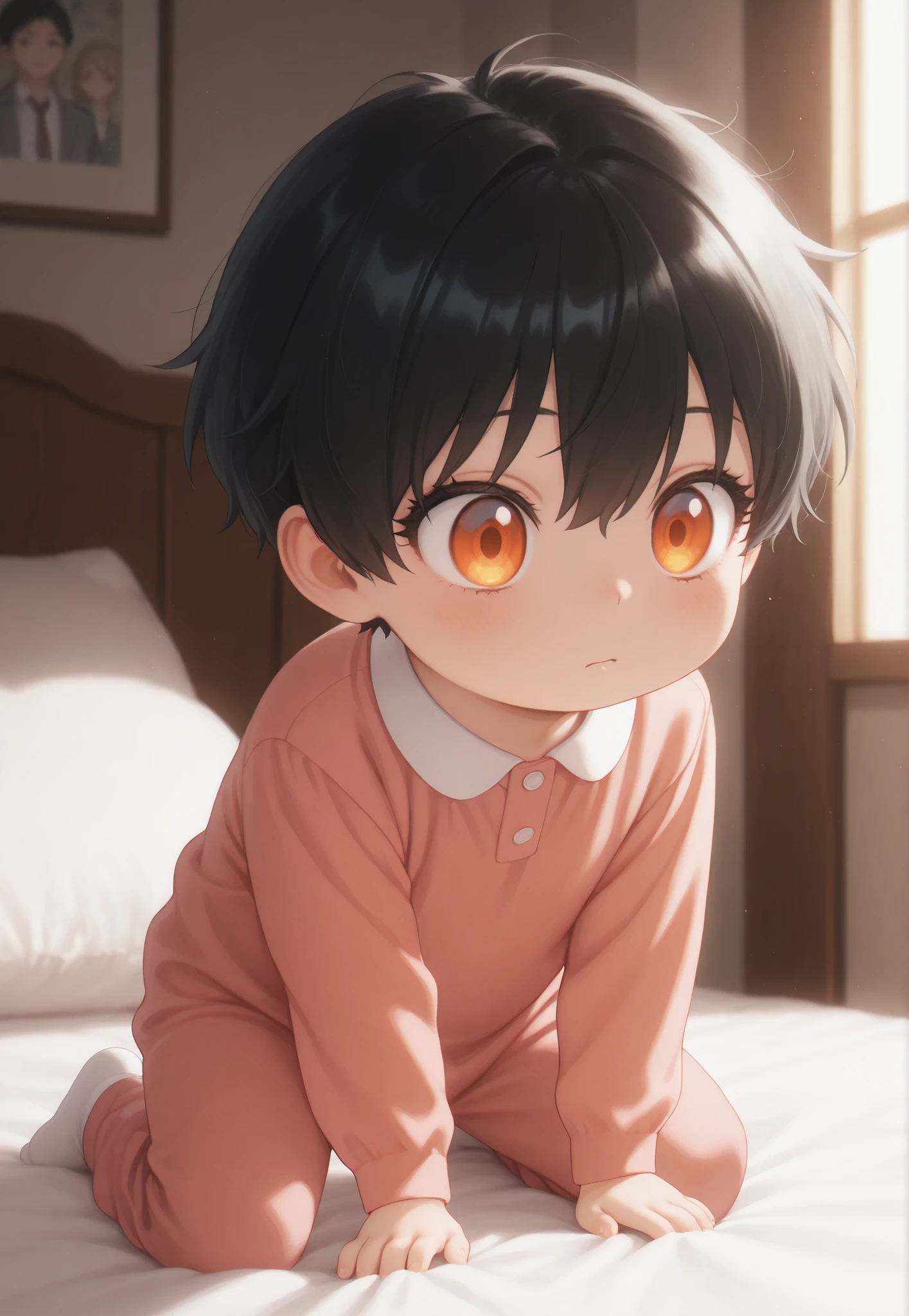 Masterpiece, better quality, newest, safe, good anatomy, good resolution, good lighting. beautiful, anime, . child, black hair and SHORT hair. Intense Orange Eyes. black eyelashes, piel clara. Adorable 6-8 month old baby. looking at the spectator, Alone, bottom: bedroom. Natural and safe poses. wearing clothes: Soft cotton rompers in pastel shades