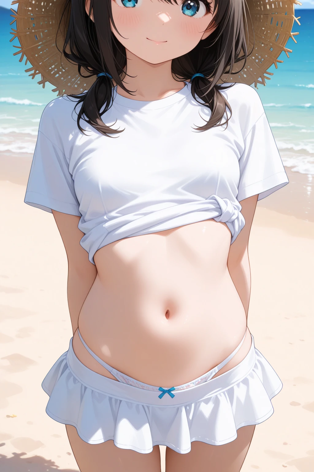 10 years old,Girl,,Flat Chest,Full nudity,From the back,Highest quality、High resolution、Detailed Background、Beautiful face in every detail、Teenage Beauty、Brown Hair、Bobcut、Embarrassing、boost mood、 Summer sun、Shining Sea,Hands behind back