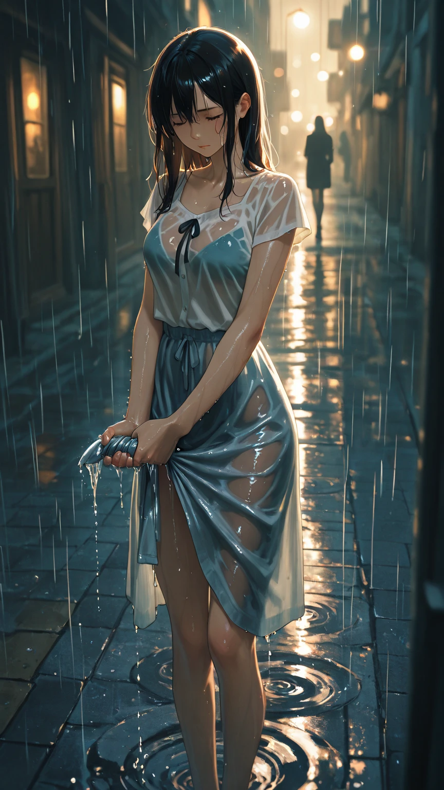 The best picture quality, masterpiece, extra high resolution, (accuracy: 1,4), photo, ((1 beautiful girl)), an ideal anatomy, finely Detailed and beautiful face, Field of flowers, white shirt, ((dancing in the rain:1.6)), (ripped clothes: 1,5), (wet clothing: 1,4), bare shoulders, real rain, (wet hair:1.2), (joying), happiness, ((laughter)), Cinematic, tear, dreamlike lighting, water cascading, golden ratio, fake detail, trending, acrylic palette knife, style of makoto shinkai studio,greg rutkowski award - winning photograph, masterpiece, oil on canvas, ((oil painting)), ((visible strokes)), ((Impressionist painting)), greg rutkowski