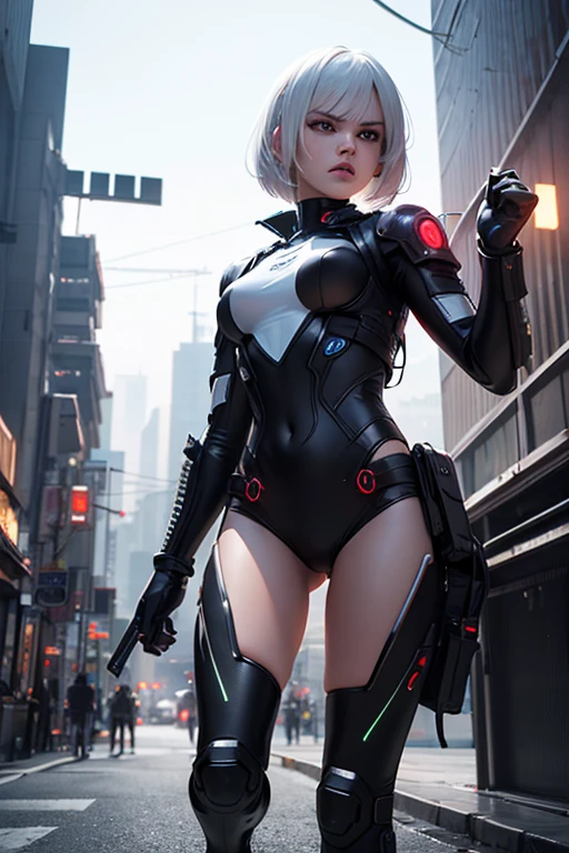 ((Best Quality)), ((masutepiece)), (Detailed), Perfect face、kawaii、white hair、Robot Girl、cyborgs、Machine body、complex exterior、metal color exterior、Chest exposure、Abundant breasts、opening legs、Pants are visible、futuristic cities