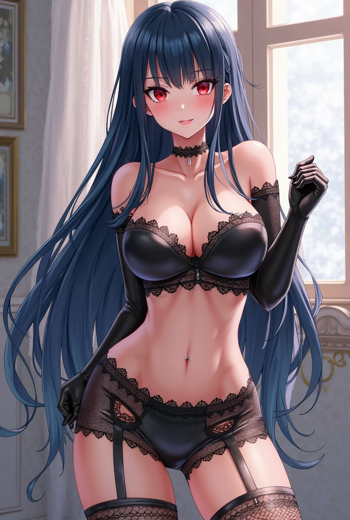 High quality, masterpiece, ultra-detailed, black stockings, red lingerie, red panties, choker, headress, 1girl, solo, peaceful expression, long black hair, enchanting blue eyes, fox ears, giant breasts, bedroom