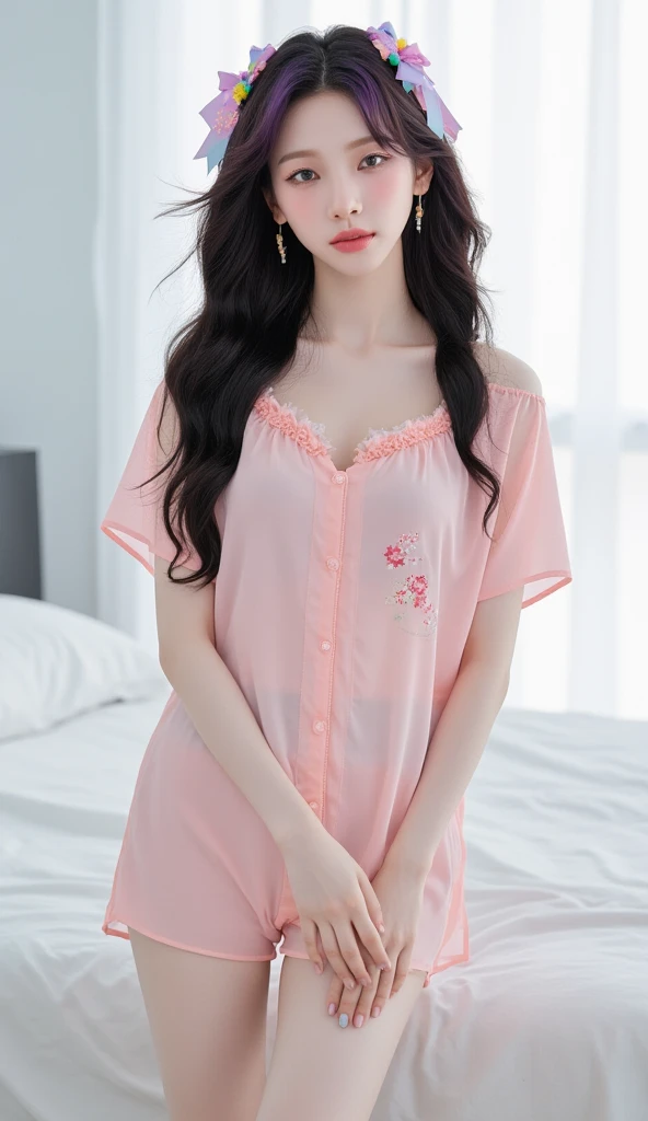 16-year-old girl lying on bed in transparent pajamas,Mature breasts,Half of the chest leaks,Chinese girls look closer to reality ,More realistic details