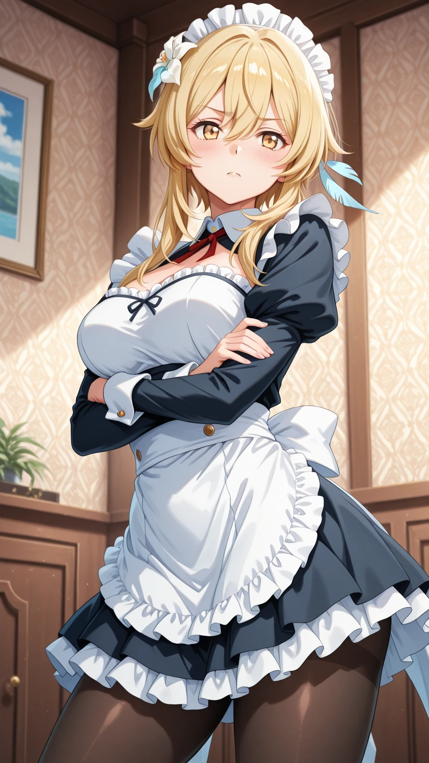 (best qualityer:1.3), (4K quality), Delta, blonde hair, ((face detailed)), ((sad)), (big breasts), ((maid uniform, room)), cleavage, (bare arms), sleeveless, armpits, hands behind head
