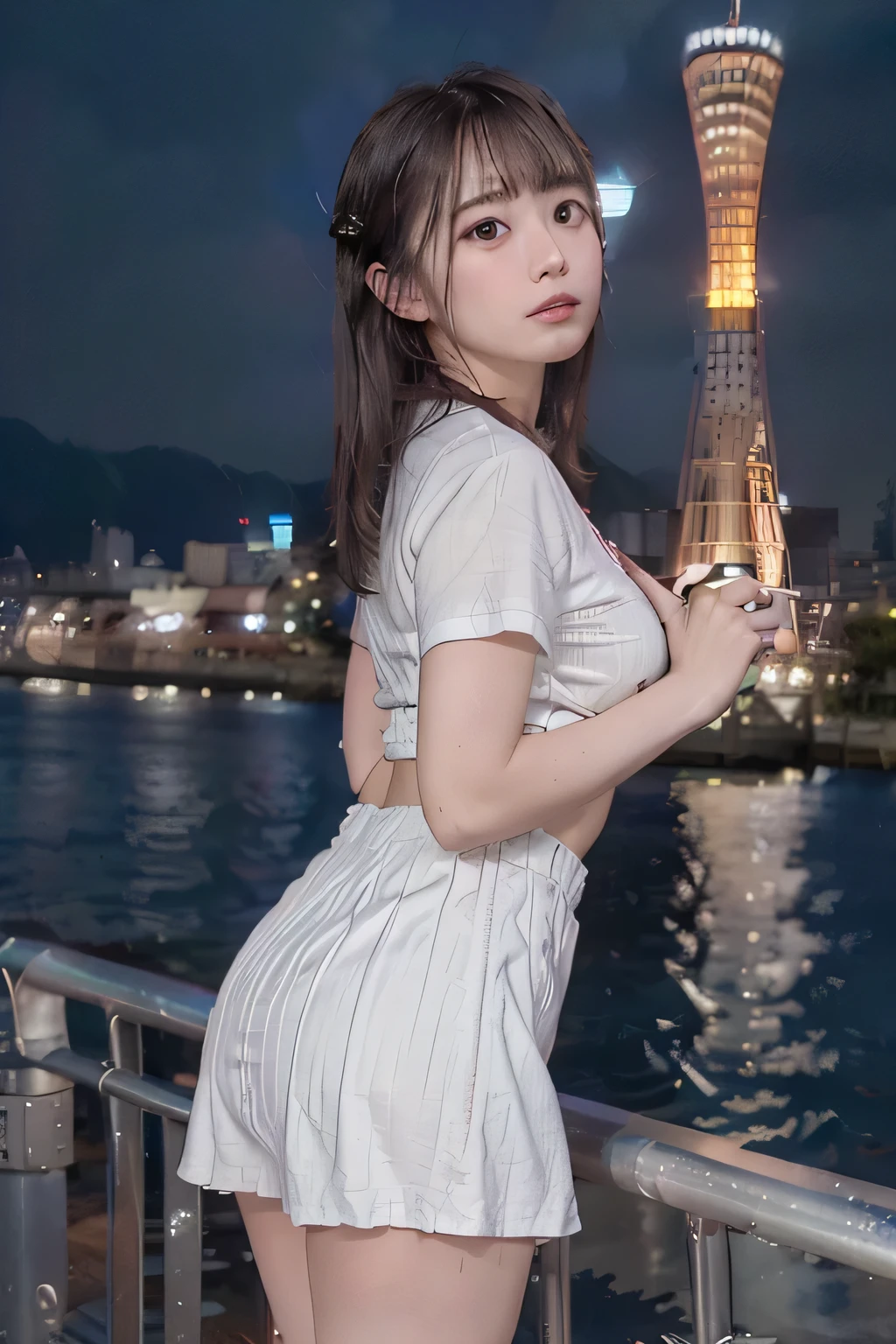 SFW:1.1,
((kaiyomuseum Background Right:1.4)), ((porttower Background Left:1.3)), water reflection, city lights, neon lights,
Water Front, Deck,
Perfectly Anatomically Correct:1.2,
1 Japanese Girl, (Short Hair Bun), Wide-Set Eyes, Very White Skinned, Bashfully, Blush, 19-Year-Old, Open Mouse Slightly,
((School Uniform)),
Brown Hair,
Light Smiling,
Looking Back Viewer,
With Cheeks between own Hands, Both Hands on own Face,
Dynamic Angle,
8K, RAW Photo, Best Quality, Masterpiece, Realistic, PhotoRealistic, Extremely Detailed 8K Wallpaper, Beautifully Detailed Eyes, Finely Detailed Face,
Professional Lighting, Cinematic Lighting, ((Bokeh:1.2))