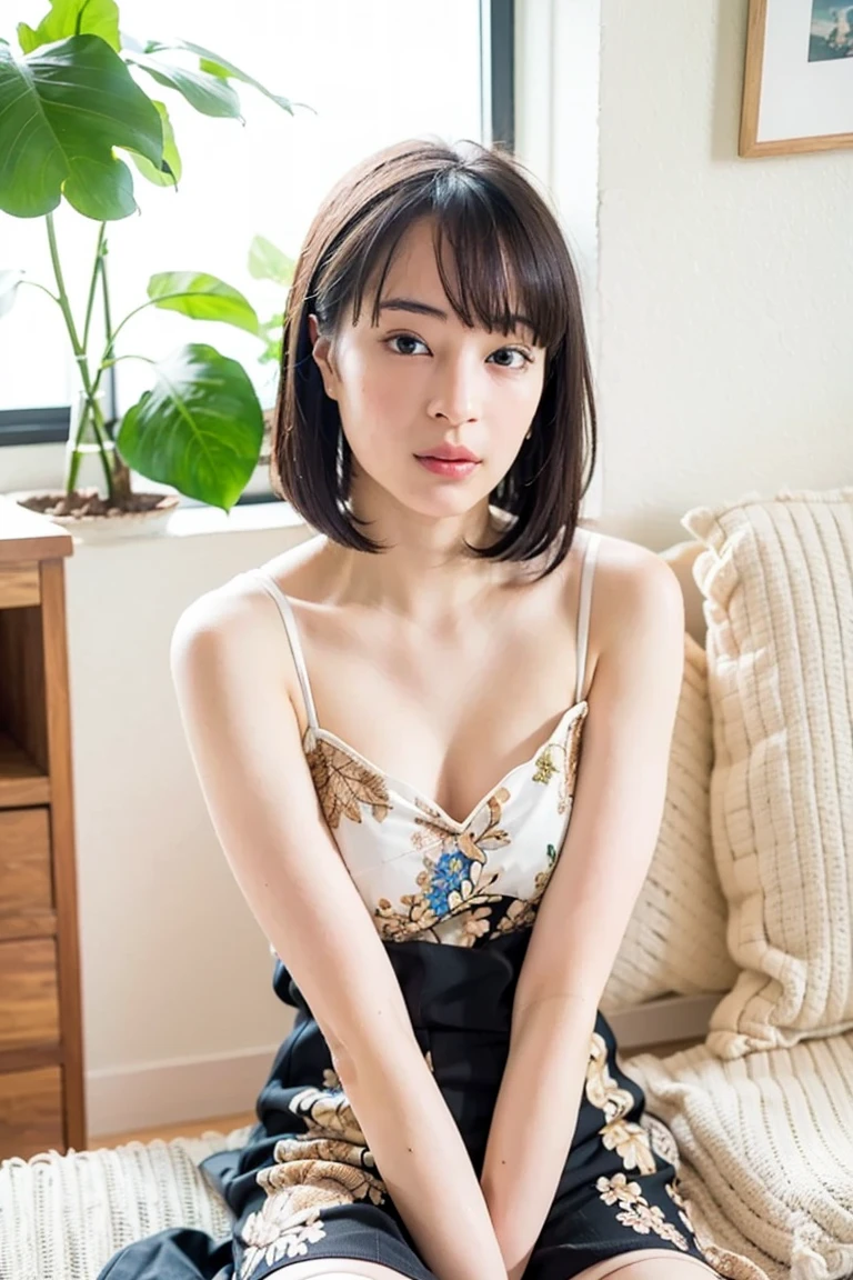 Masterpiece, photogravure, highest quality, clear contours, (One Girl, alone), Japanese woman, 30 years old, lipstick, cute face, detailed face, beautiful eyes, detailed eyes, focus on the eyes, bob hair, Anatomically correct body structure, wearing body-fitting costumes, On all fours, lifting butts, shot from the front