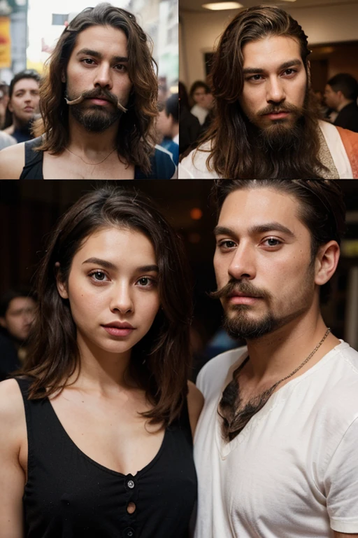 That's 6 people : 2 mulheres (uma loira e uma morena) 2 homens jovens (um de bigode e um de cavanhaque e bigode), 1 homem meia idade cabelo curto e sem barba e 1 homem idoso gordo e com barba e cabelo grisalhos Estilo quadrinho da marvel