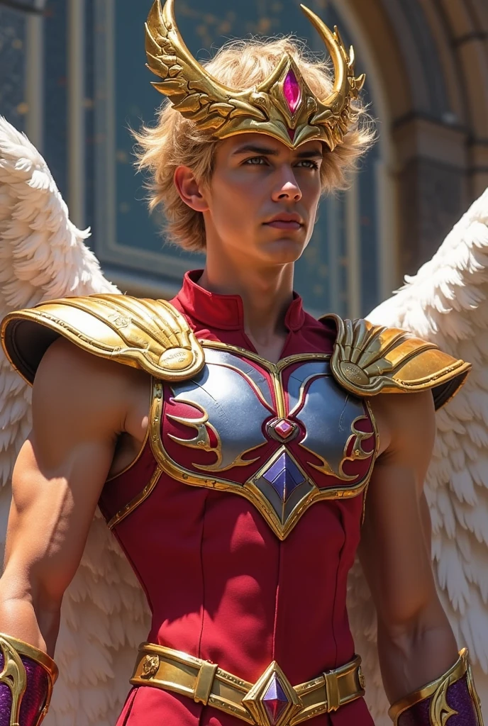 Photo of a man wearing cupid costume, (pink hair), wings, flying, halo, (pink toga robe), armor, (surrounded by clouds), ethereal, (seductive smile:0.6), jewelry, heart, harness, realistic, masterpiece, intricate details, detailed background, depth of field