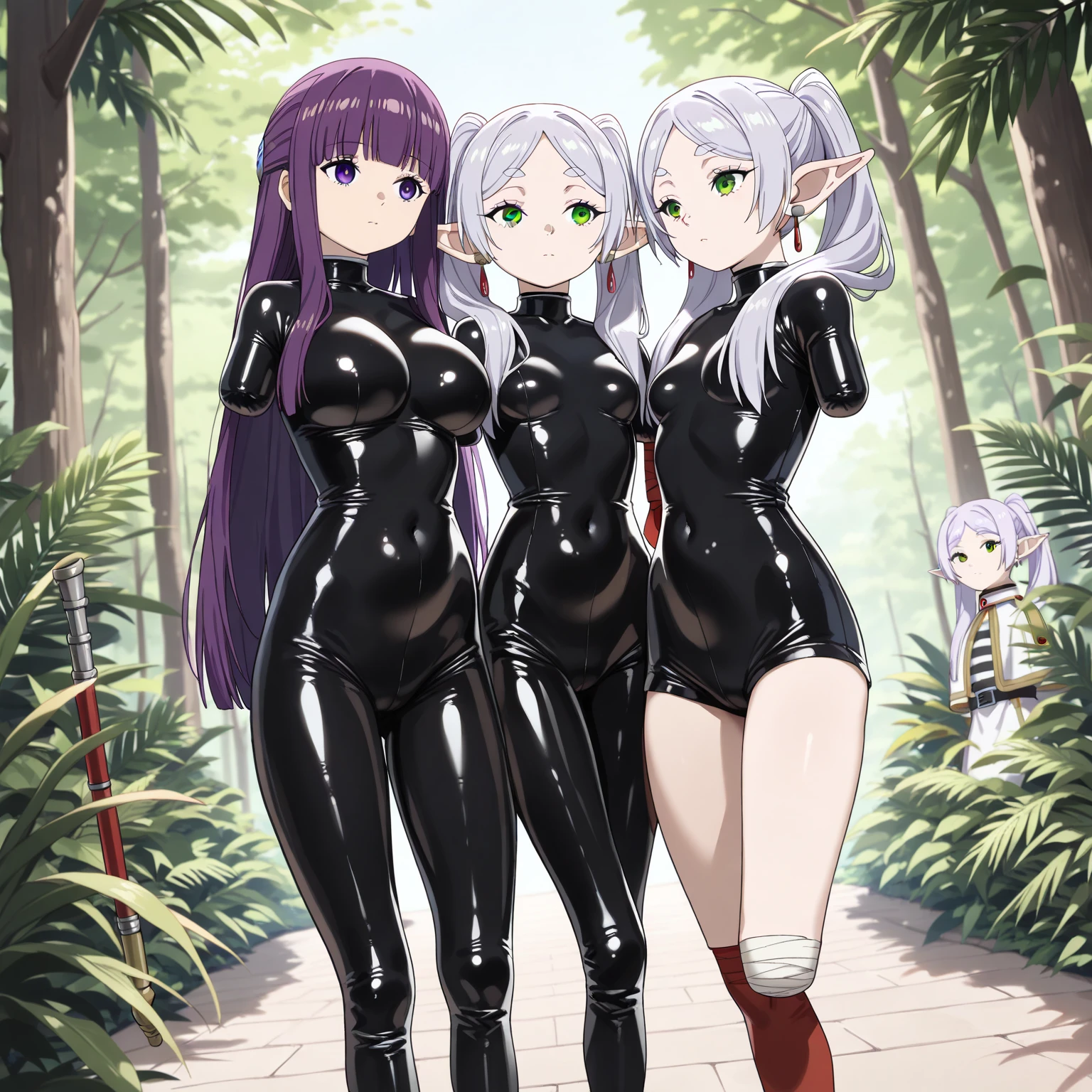 ((Bodysuit women close up)),((bare breasts, medium breasts, bare pussy)),((very long white hair, red eyes, hopeless face)),((standing, in a haunted forest, at night) ),