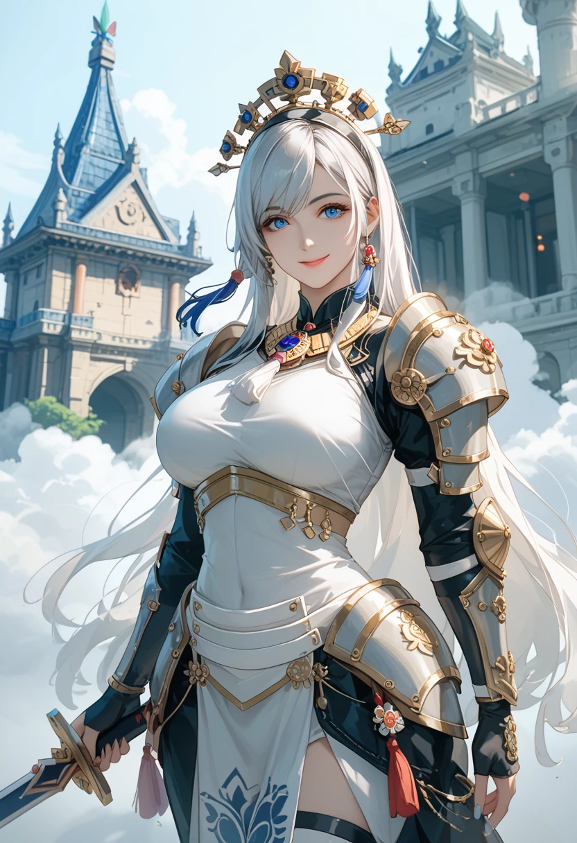 (watercolor: 1.2), maga, bangs, gray hair, long hair, gray eyes, hair between eyes, blurred background, high resolution, large breasts, full body, fantasy, medieval --auto --s2