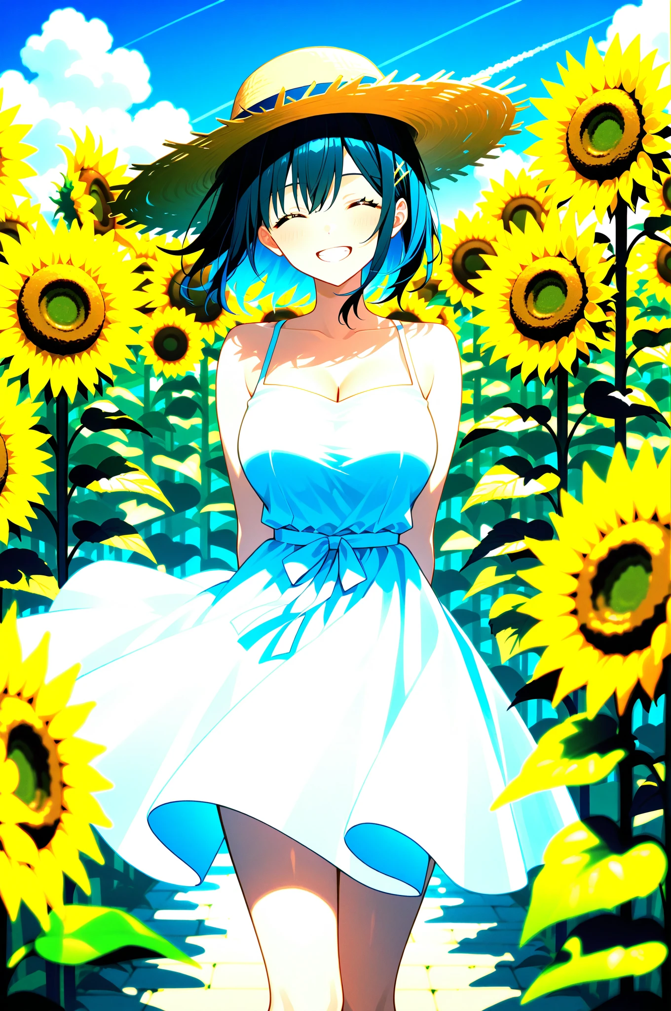 Watercolor painting beautiful woman with black hair (sliced_bob) <lora:xl_sliced_bob-1.0:1>,
(sunflower field),
dolly shot,
doing a yoga pose,
crazy,
cocktail dress . Vibrant, beautiful, painterly, detailed, textural, artistic