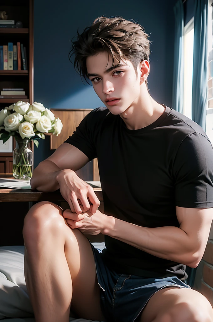 Boy with pillows wearing half shirt