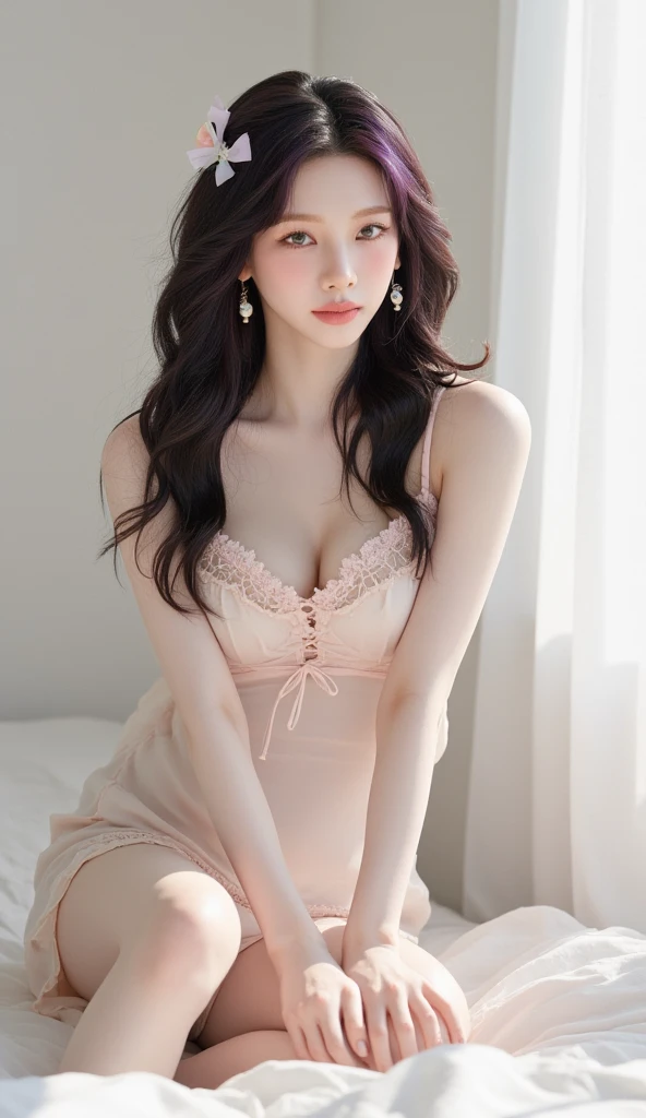 Best quality at best, ultra - detailed, photore, Extremely Delicately Beautiful, A high resolution, 1 girl 25 years old, Japanese beautiful girl, ((Eyes are visible through the hair)), (little breast), ((plump lips)), 詳細な目,detailedfacialfeatures, detailed arms,detailed finger,Detailed legs, Pink lace goddess