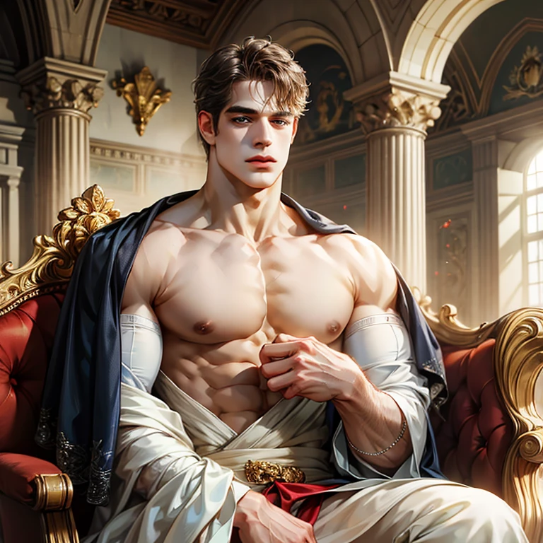 masculine, masterpiece, Hyperrealistic image of a sexy 30-year-old albino man., redhead, wearing glamorous white sorcerer's robes, exposed chest, hombre en Stupid, Stupid, seductive pose, magical glowing arcane sigils, a hand holds a green flame, looking directly at camera, Cheek Smile, Very detailed, intricate details, sharp focus, dynamic lighting, dynamic shadows, without watermark