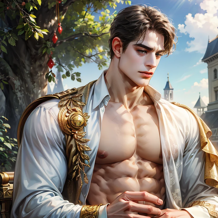(absurdres, highres, ultra detailed, HDR), masterpiece, best quality, Hufflepuff male, A young man with plant, portrait of a boy, handsome young male , detailed face,  in a legend of mana town, domina, gardener, handsome adventurer, professional photo, rpg style man detailed torso, leaning on a rock, (puffy(from below:1.1)), eyes on viewer,young boy 18 years old, handsome  detailed background, Brown hair, middle hair part hairstyle, soft handsome boy feature. garden background, naked and wearing (Thong only), muscular and slim, sexy with sunglasses, full body naked,