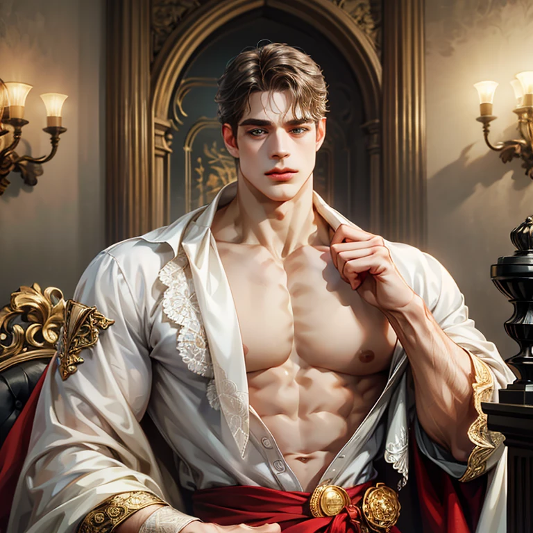 (absurderes, A high resolution, Ultra detailed, hdr), Masterpiece, Best quality, Portrait of a boy, Handsome boy with red eyes, Detailed face, Professional photo, The Alafed man is shirtless, Stand comfortably，legs are open, (puffynipple(From below:1.1)), Focus on your audience,18 year old boy, Handsome boy, [ Firmly defined body ]，bandagens，Abs，chest muscle，short white pants，large bulge，