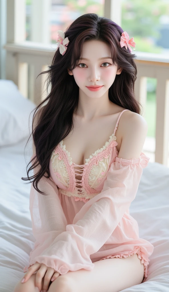 (8K、high resolution、High resolution、Fine details)Beautiful eyelashes、High resolutionの顔、Zoom out、18 years old、 Beautiful detailed eyes、Random cute hairstyles、C cup breasts、Pink Baby Doll、Sexy loungewear、Girls' Room、Beautiful hip line