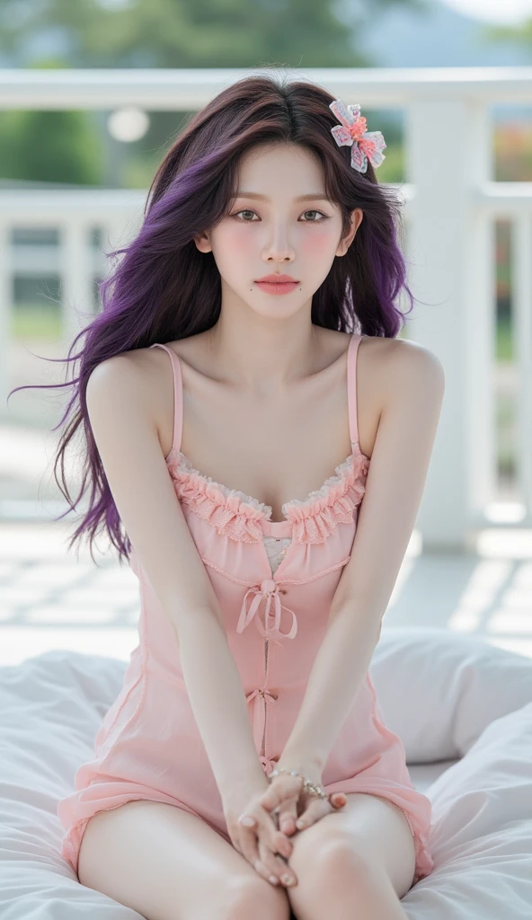 （tmasterpiece、best qualtiy、A high resolution），white backgrounid，（（Color mixing，Splash ink、Color mixing）），Sweet Chinese girl，long light purple hair，[light violet|amaranth]the hair，curlies，glitters，Pink lips，white  skirt，frontage，The upper part of the body，The character is centered，Does not obscure characters，