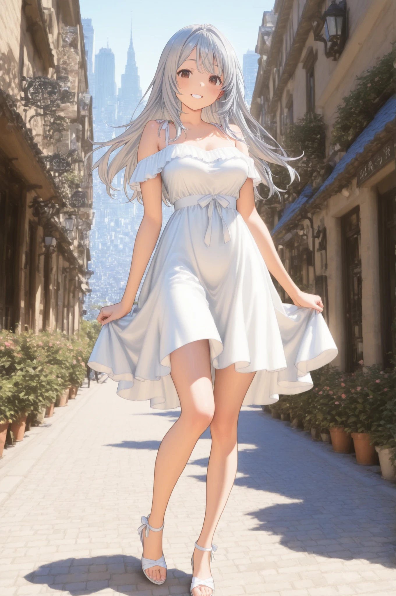 and high accuracy、top quality next to viewers、best quality、Full Body、((sexy、beautiful woman))、bushy silver hair、 semi-long hair、High definition brown eyes、Standard Figure、medium bust、 summer dress、standing in a beautiful city、 smiles gently、look at me