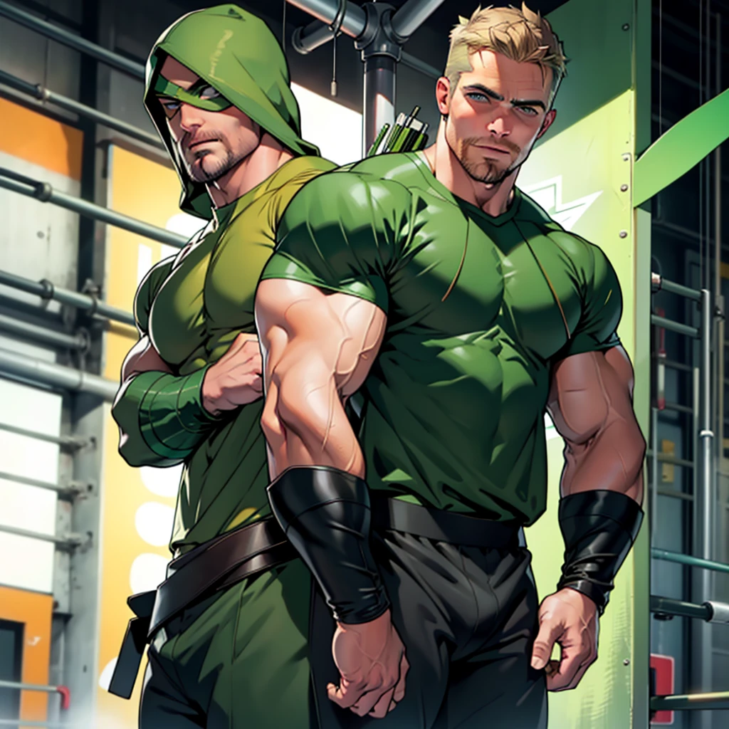 Nsfw , naked,32k, high quality , detailed face , detailed fingers ,detailed muscles, (((stephen AMELL))) as green arrow , totally naked , no cloth, showing balls and a hard cock, , showing a dark blond short hair , a well groomed facial hair , hard nipples, ,hunk and handsome, shooting with his bow and arrow toward the enemy , with the quiver on his back full of arrows on the roof , spread legs