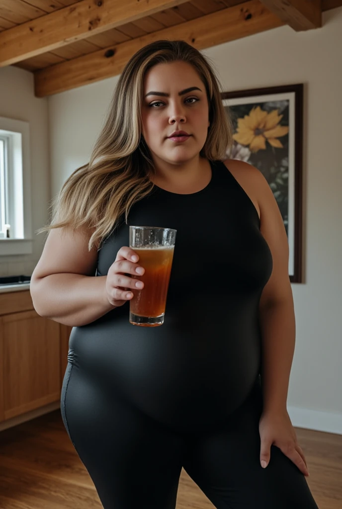 a fat woman, wearing casual clothes, wearing long jeans, holding a cauldron containing food, namely, potatoes, carrots, meat, tomatoes, with several drinks on the table in front of her visible this (mukbang)
