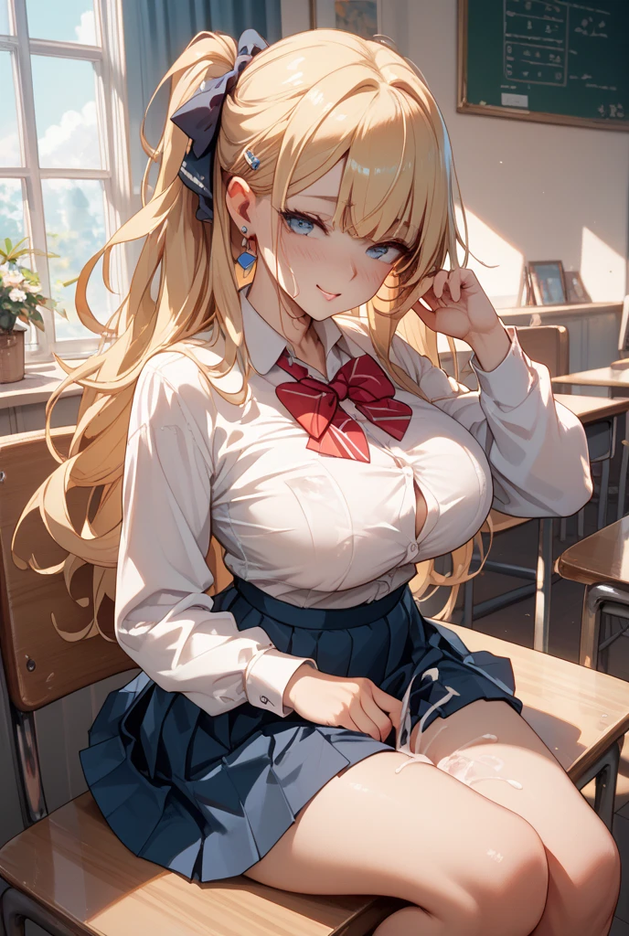 masterpiece、best qualtiy、A detailed、Female 1 Person、18year old、blue eyess、a blond、Sheer blouse、Unbuttoned blouse、Pleated skirt、Blue hairpin、Colossal tits、Colossal tits、Classroom、Peace sign by hand、Sit at the desk with your legs open、Bend your knees and open your legs、Wet underwear、white panties、Show panties、twin-tail hair、Sweating、knee high socks、Red ribbons