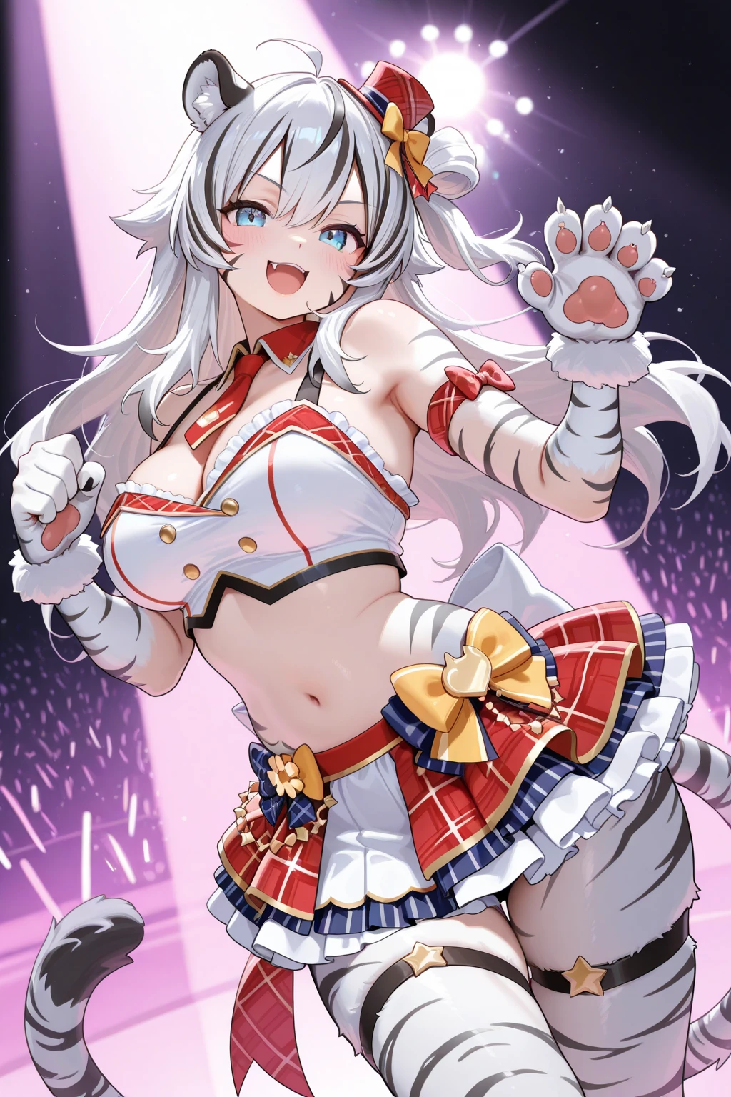 best quality, masterpiece, newest, 4k, uncensored, prefect lighting, rating_explicit, very aesthetic,
BREAK
1girl,solo,zzcloaa,dark skin ,paw pose, pink hair,long hair,ponytail,chloe von einzbern , Fate/kaleid liner
pleated skirt, stomach tattoo, fox tail,
,cameltoe, friendly,grin smile,open mouth,huge breasts, covered nipples,
cinematic pose ,cinematic angle,official anime screencap,
<lora:clobeasts_animagine:1>