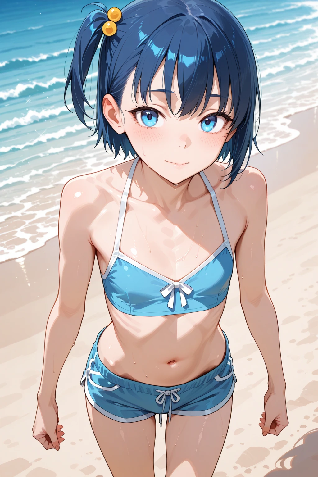 masterpiece, best quality, extremely detailed, 2Girls, short, boyish, short hair, (((very small tits))), (Boys Swimwear) ,ocean, beach, sand, rocks,blush,