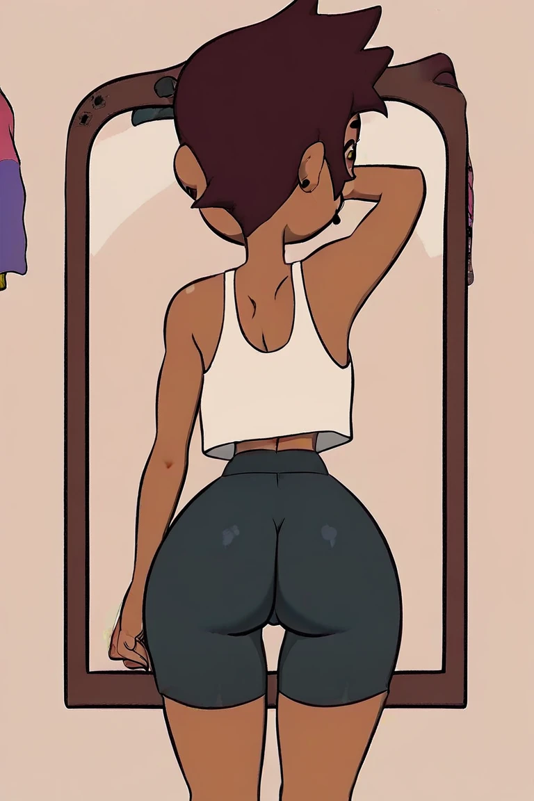 (masterpiece, best quality:1.3), Rizdraws, Thin Lineart, Soft Lineart, 1girl, solo, short black hair, black hair, bangs that go to the side down her face, large round glasses, flat straight hair, cant see eyes through glasses, black tank top, dark gray pants, small midriff, brown skin, wide hips, fat ass, in school hallway backgroung,, 1/3 view, ass out of pants, panties under jeans, fat ass