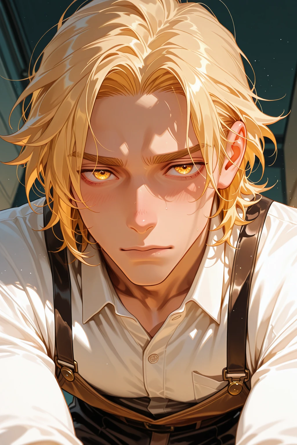 Anime 12 year old Blonde guy with long unkempt hair slim but kinda fat  and and pale with a eye scar with white briefs on crying