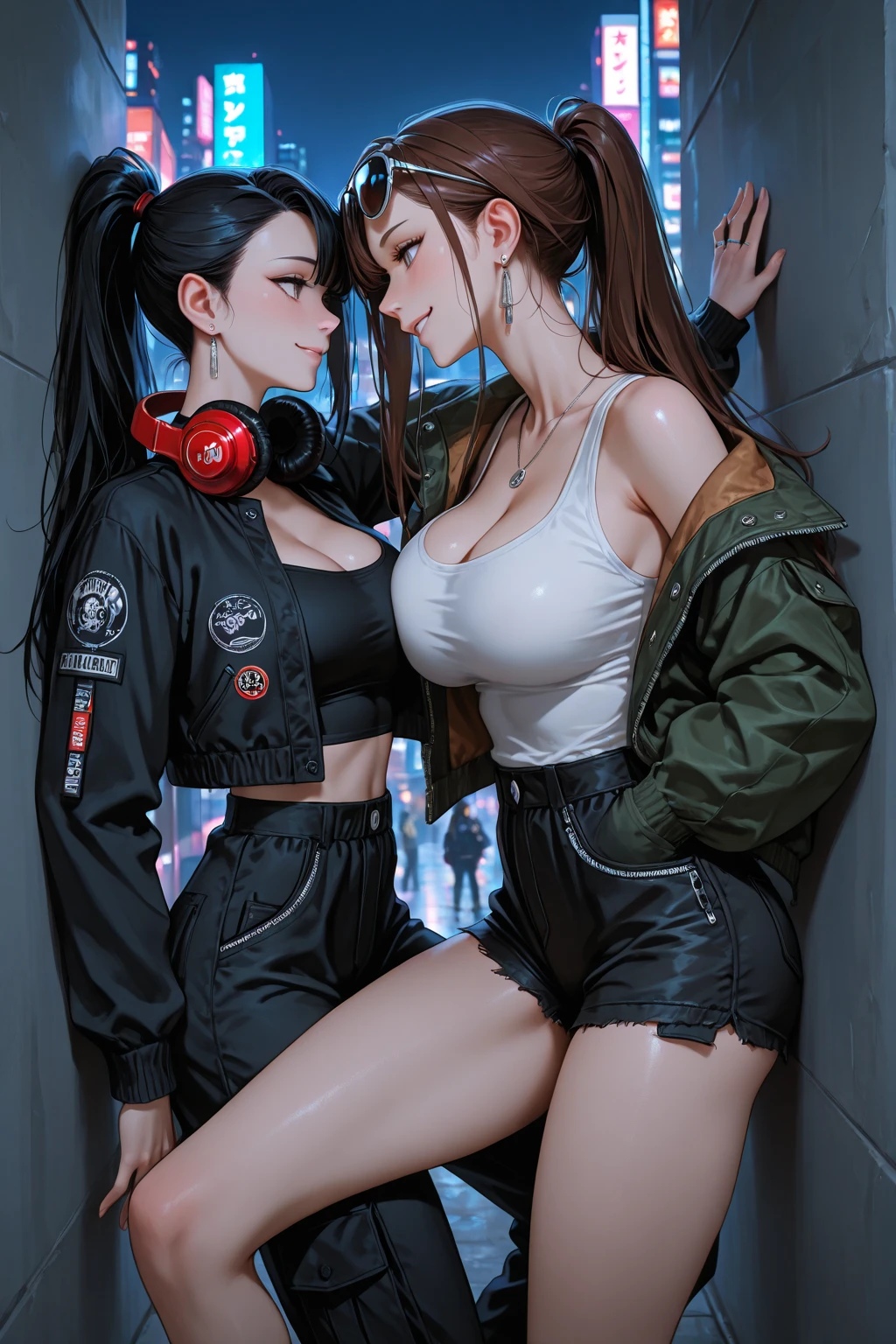  8k,highres, 1girl, (two_heads:0.9), indoors, at a coffee shop, looking at the viewer, white long sleeved shirt, boat neck, jeans, cleavage