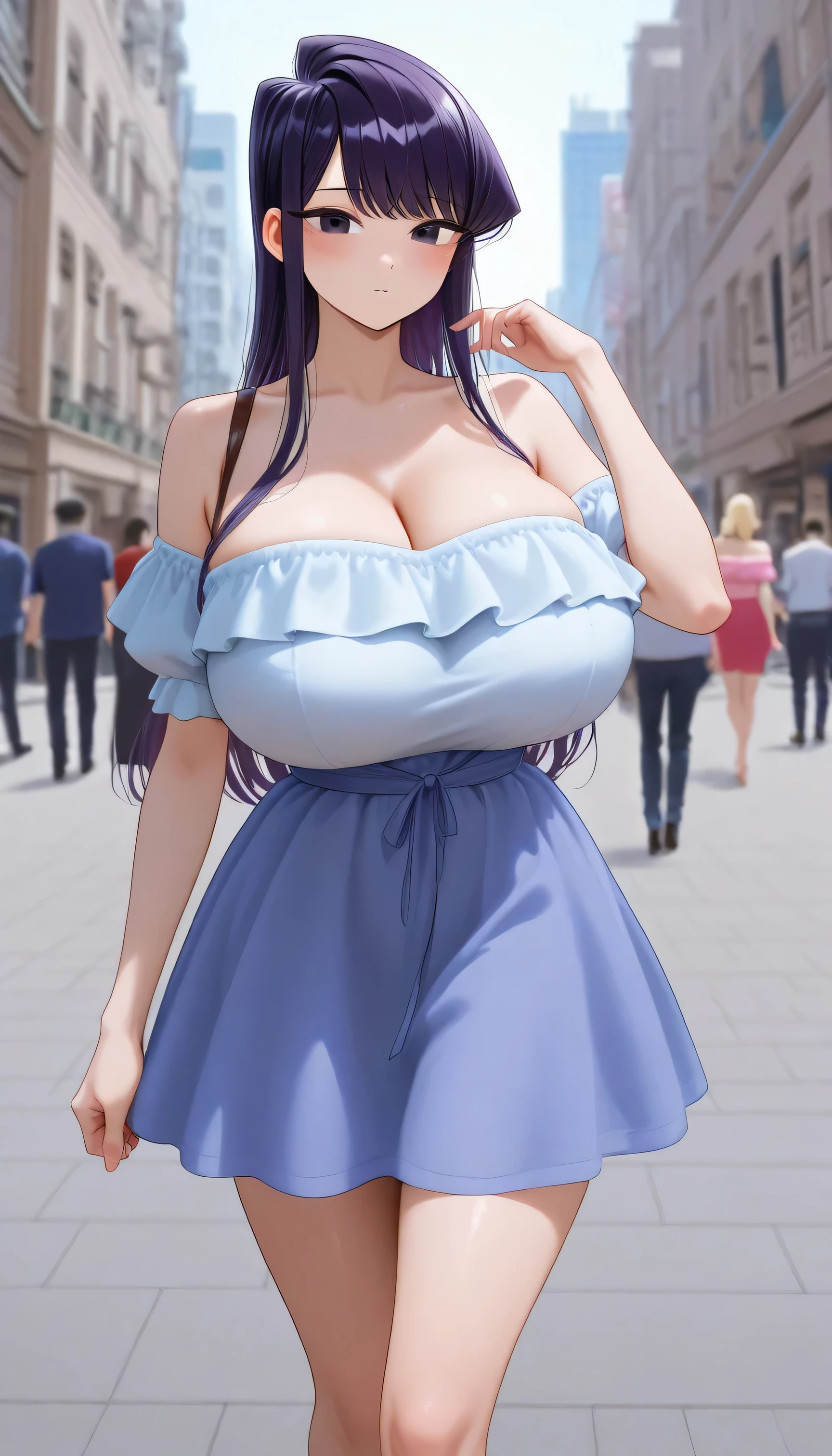 tmasterpiece， Best quality at best， 2girls， long whitr hair， looking at viewert， ：3， adolable， black school uniform， exteriors， the street， cowboy lens，big cleavage breasts， curves， （（（eBlue eyes）））， Rias Gremori，Blue hair， Antenna hair， wavey hair， （（beatiful detailed eyes，beautiful detail glow）），huge tit，