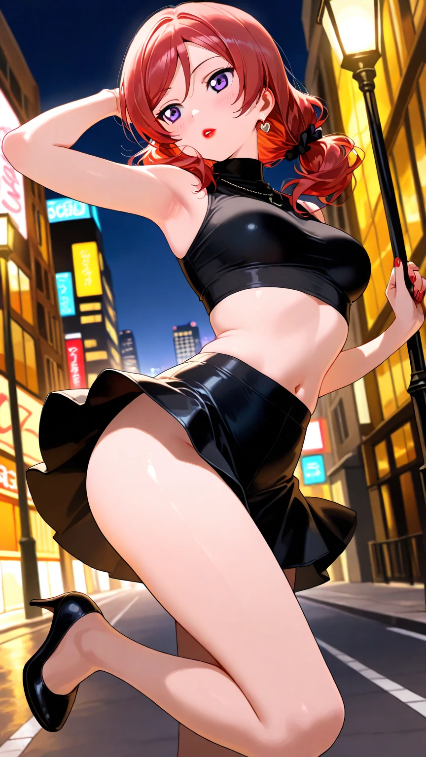 Rear view, 1 girl, solo, anatomically correct, standing straight, straight posture, short hair, messy hair, very curly hair, very messy hair, orange hair, beautiful blue eyes, nerdy glasses, smiling, cheerful, looking over her shoulder, [medium sized boobs], small waist, wide hips, hourglass figure, Juicy thighs, very juicy thighs, wearing a black short sports bra, [sideboob, cleavage], turtle neck sports bra, bare shoulders, bare arms, black mini skirt, sexy skirt, ass, sexy ass, black string thong, stockings, stockings in both her legs, stockings squeezing her thighs, sexy, 8k, best quality, lower angle, from below, ass emphasis