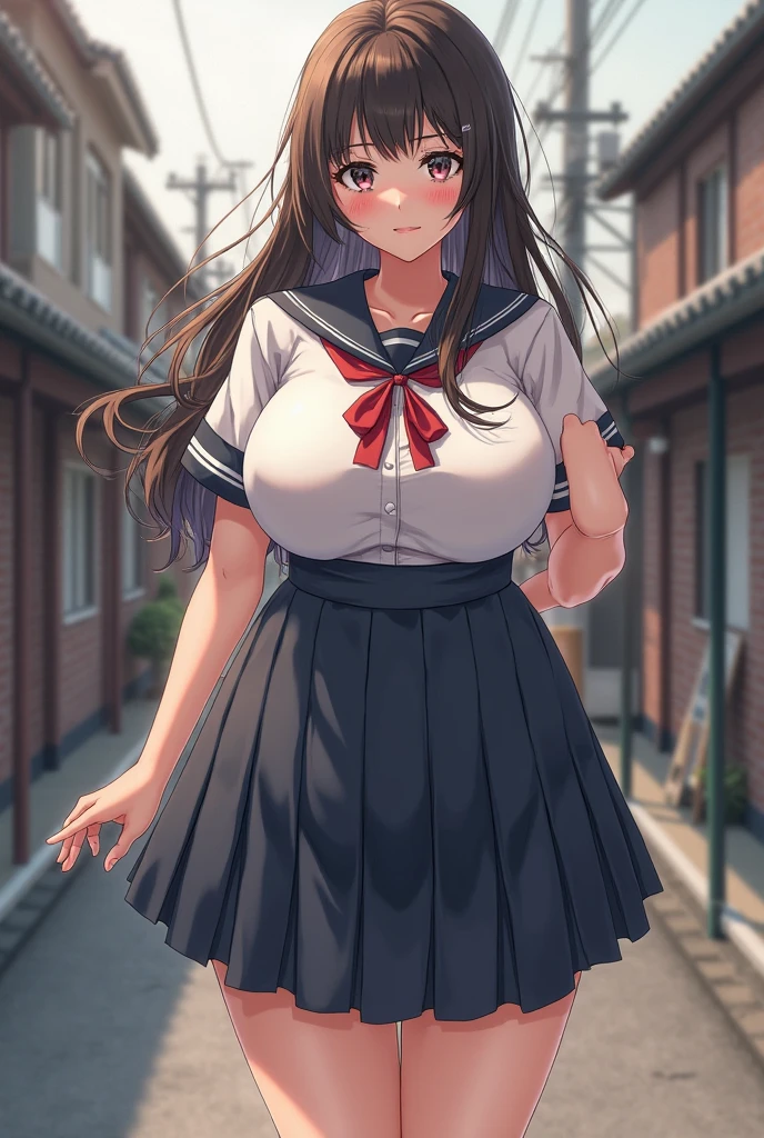 highest quality,wonderful,finely,Highly detailed CG Unity 8K wallpaper, (1 girl, black hair, side ponytail),(huge breasts:1.1),(sailor suit:1.3), (zettai ryouiki:1.4)