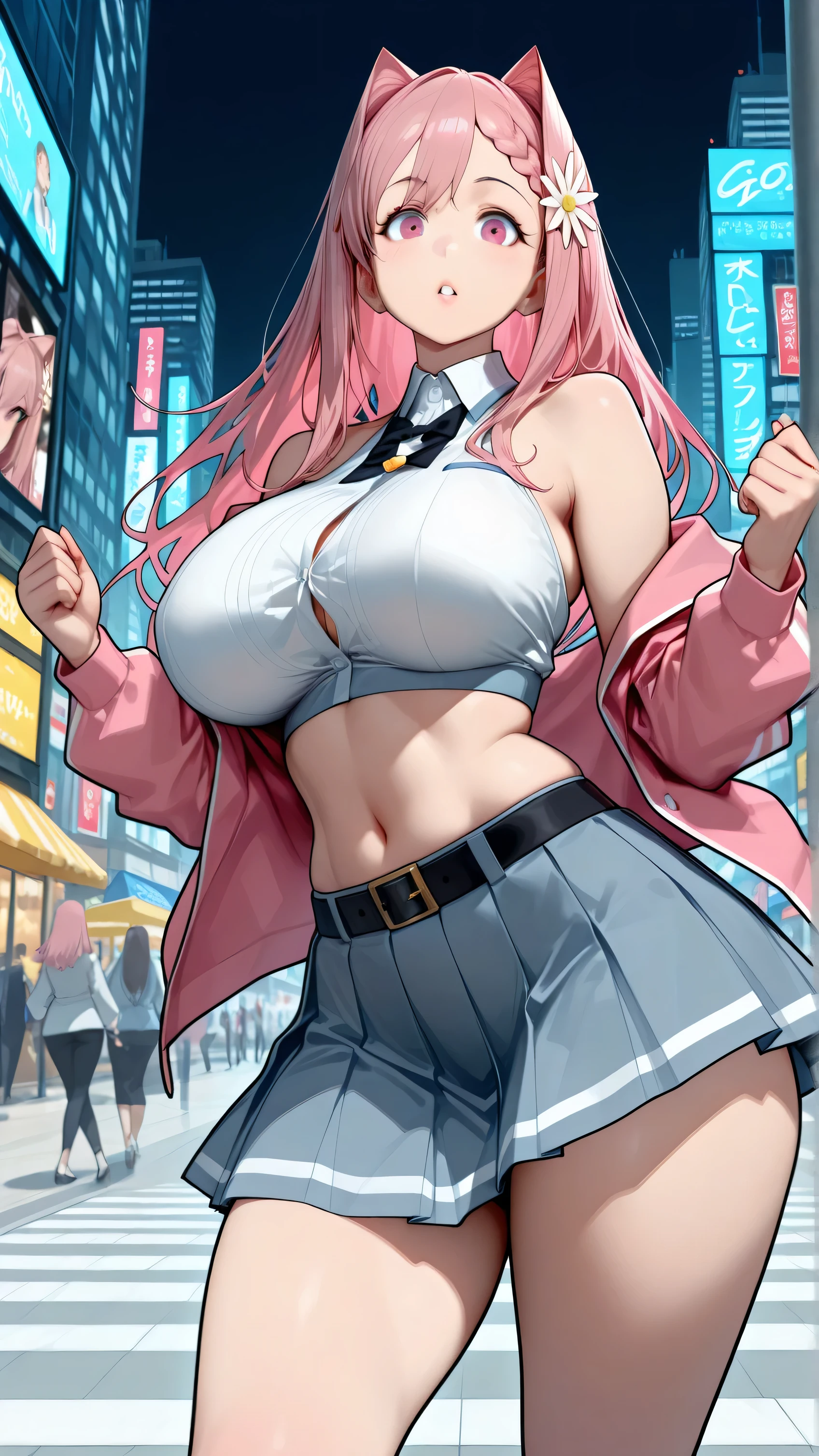 1girl, masterpiece, pink hair, asian, blunt bangs, long hair, twin tails, large breasts, miniskirt, cardigan, garter belt, midriff, necklaces, beautiful detailed eyes, looking at viewer