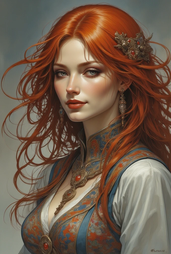 a woman with red hair, fantasy character portrait, (the woman is wearing servant clothes), fantasy female portrait, fantasy genre portrait, detailed character portrait, inspired by Johann Friedrich Overbeck, a portrait of the character, rpg book portrait, epic portrait illustration, ((watercolor painting style))