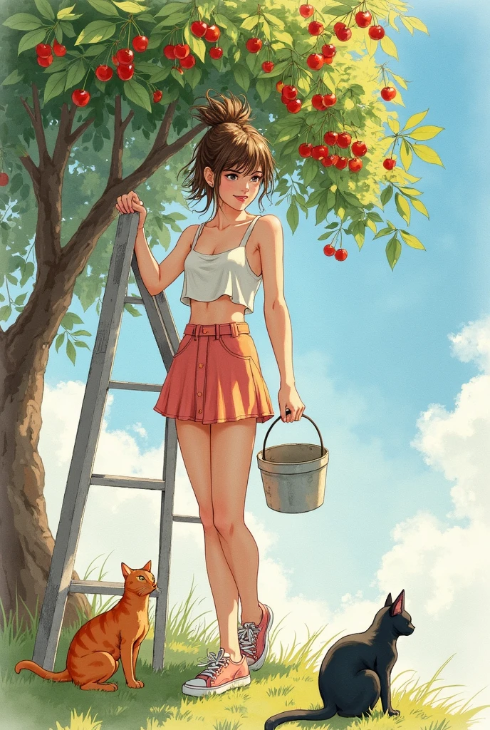 Watercolor, acrylic, free pose. depraved Russian girl sitting on a suitcase, in Soviet style, short summer dress, attractive tomboy girl, white polka dots, with a white collar and white cuffs, in the style of Mikhail Garmash, white socks and black strappy shoes, holding a buttercup in her hands, brown hair gathered in a neat bun, blurred background of a brick wallYou can see the panties!
