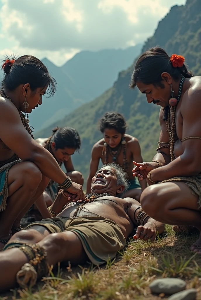 An indigenous man tied up by his hands and feet and being carried face up by 4 people