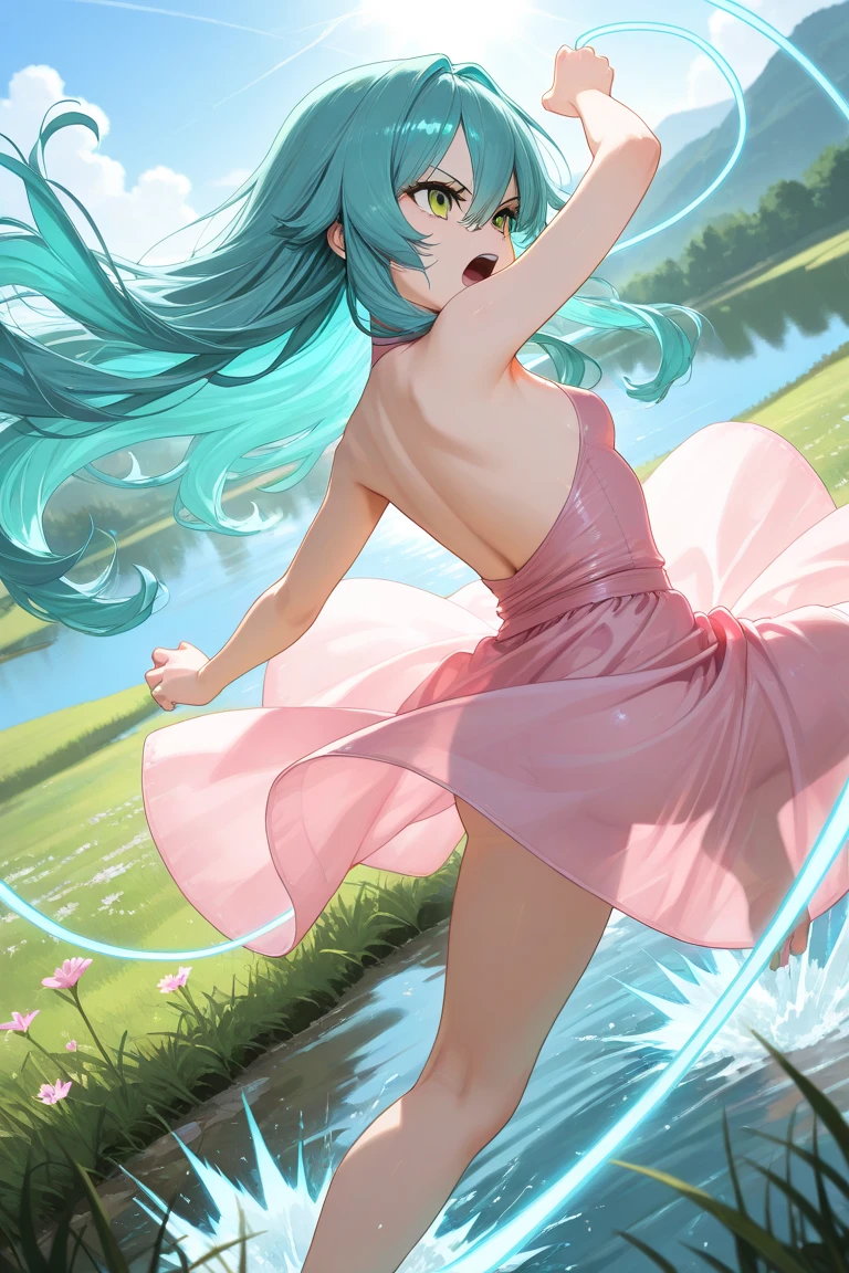 looking back,low angle,from below,(beautiful pink and green butterflies all over the place),
((masterpiece:1.4, best quality)), ((masterpiece, best quality)),low angle,beautiful pony tail silver green hair,beautiful  pink eyes,little cute   girl,wet full body, bathing in the water,water falls,water splash,lovely laugh,denim shorts,pink and green baseball cap, ((pink and green elegant summer bikini)), (Lace chalker, wristband, diamond necklace,earrings),cinematic lighting and pause,beautiful natural mysterious park,night sky,full moon,(beautiful pink and green butterflies all over the place),