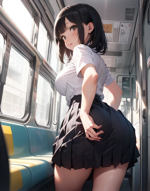 best quality,((((1girl)))),((big breasts:1.5)),((((((10歳,loli:1.5)))))),curvy,orgasm,blush,sweat,blue eyes,((black hair,short hair,twintail,wavy hair,messy hair,volumey hair:1.3)),blue ribbon,hair ribbon,((white tank top,blue skirt,mini skirt,lift skirt,upskirt,lace panties,white panties,white kneehighs:1.1)),from behind,((excessive cum,cum on clothes,train:1.1))
