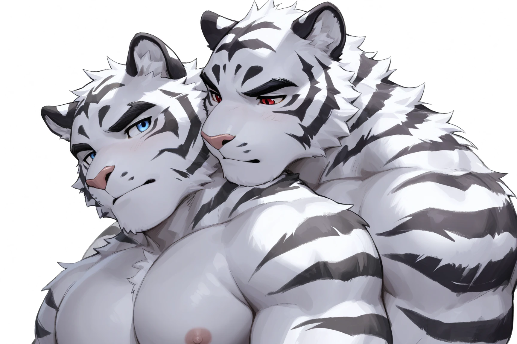 two muscular tiger , furry chest, muscular green tiger hug muscular tiger back, muscular green tiger stand behind, hug from behind, white background, perfect hand, perfect antomy, thick furry neck and chest fluff, hand behind head, kiss, hand into jock, side view, jock, having sex, by lindong, by nullghost