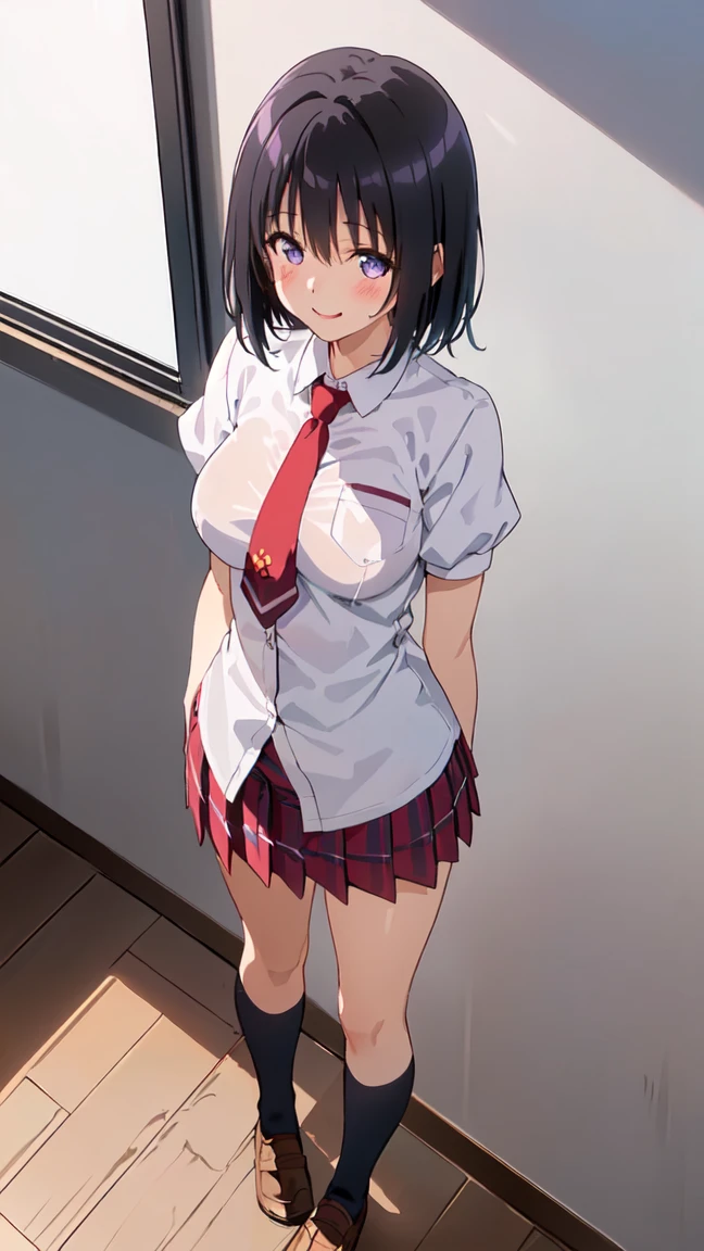 Little sister, cute bra, 8K, best quality, 16 years old, smile, looking at camera, red cheeks, (school uniform), embarrassed, delicate hands, at home, love my brother, clear liquid leaking from crotch, pissing, black hair, bob hair, bog hair, showing off breasts, taking off clothes and showing off breasts, pink nipples, topless, chest sticking out pose, cute pose, full body